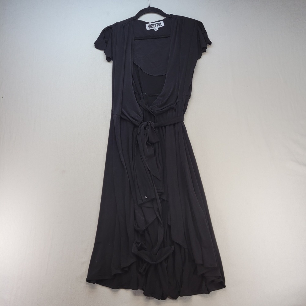 Vicky Tiel Wrap Dress Womens Size M Black Cocktail Midi Tie Front Short Sleeve